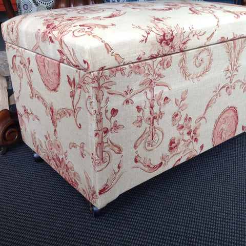 Reupholstered Vintage Ottoman:  floral linen with cherubs